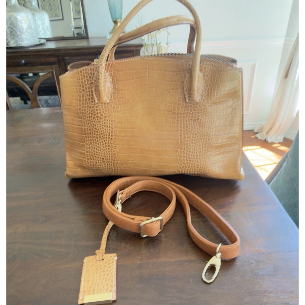Lacucci Italian Leather Satchel Large Handbag Bag Crocodile Embossed Brown Tan